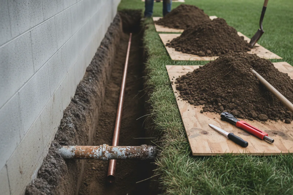 Excavated water line trench during Sewer Line Repair in Tiline